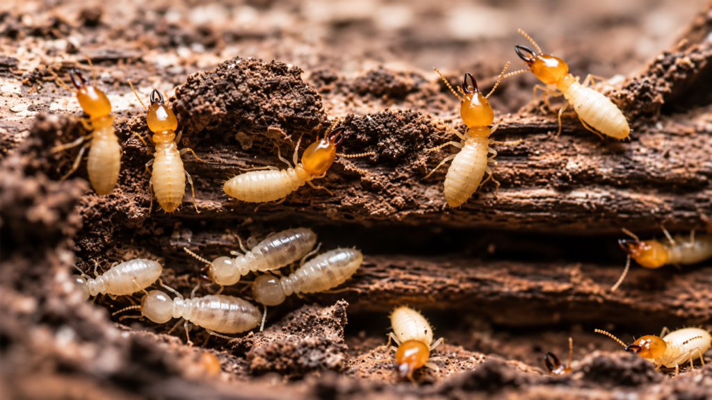 Several termites crawling on wood, highlighting the need for termite control.