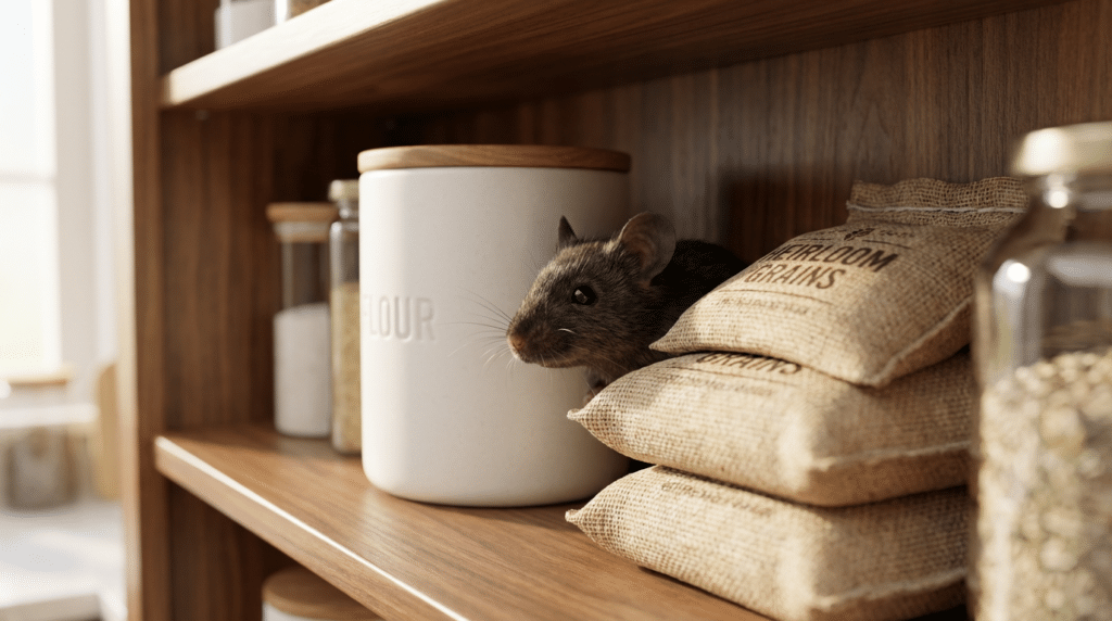 A brown mouse sits between a white flour canister and burlap sacks on a wooden pantry shelf, surrounded by jars and food containers.