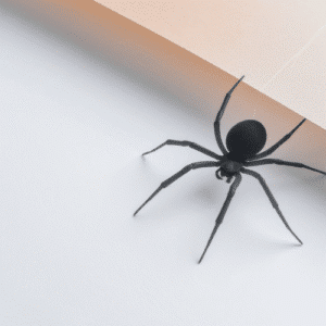 A black spider with long legs is positioned on a white surface near the edge of a beige sheet, a familiar sight for those dealing with common spiders Utah residents often find among other Utah home pests.