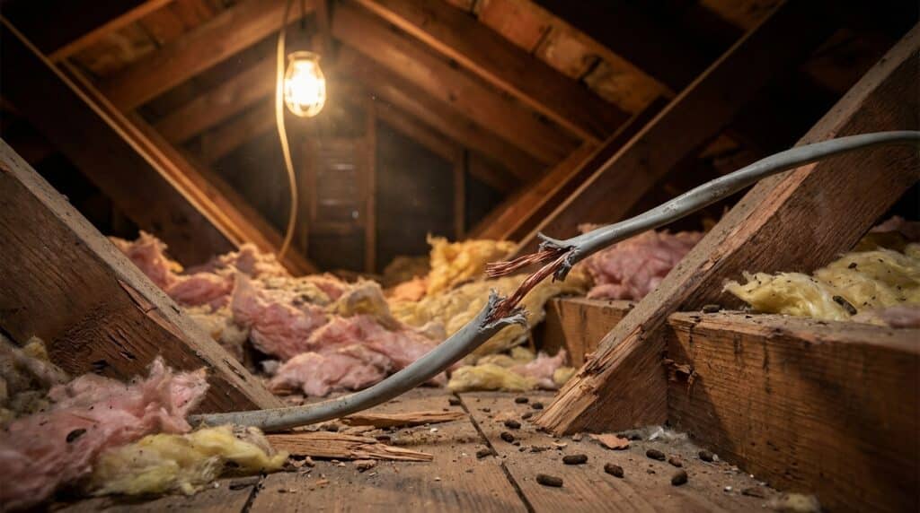 Exposed electrical wire with frayed ends lies on the wooden floor of an attic, surrounded by insulation and illuminated by a single hanging bulb—posing serious property damage and health risks.