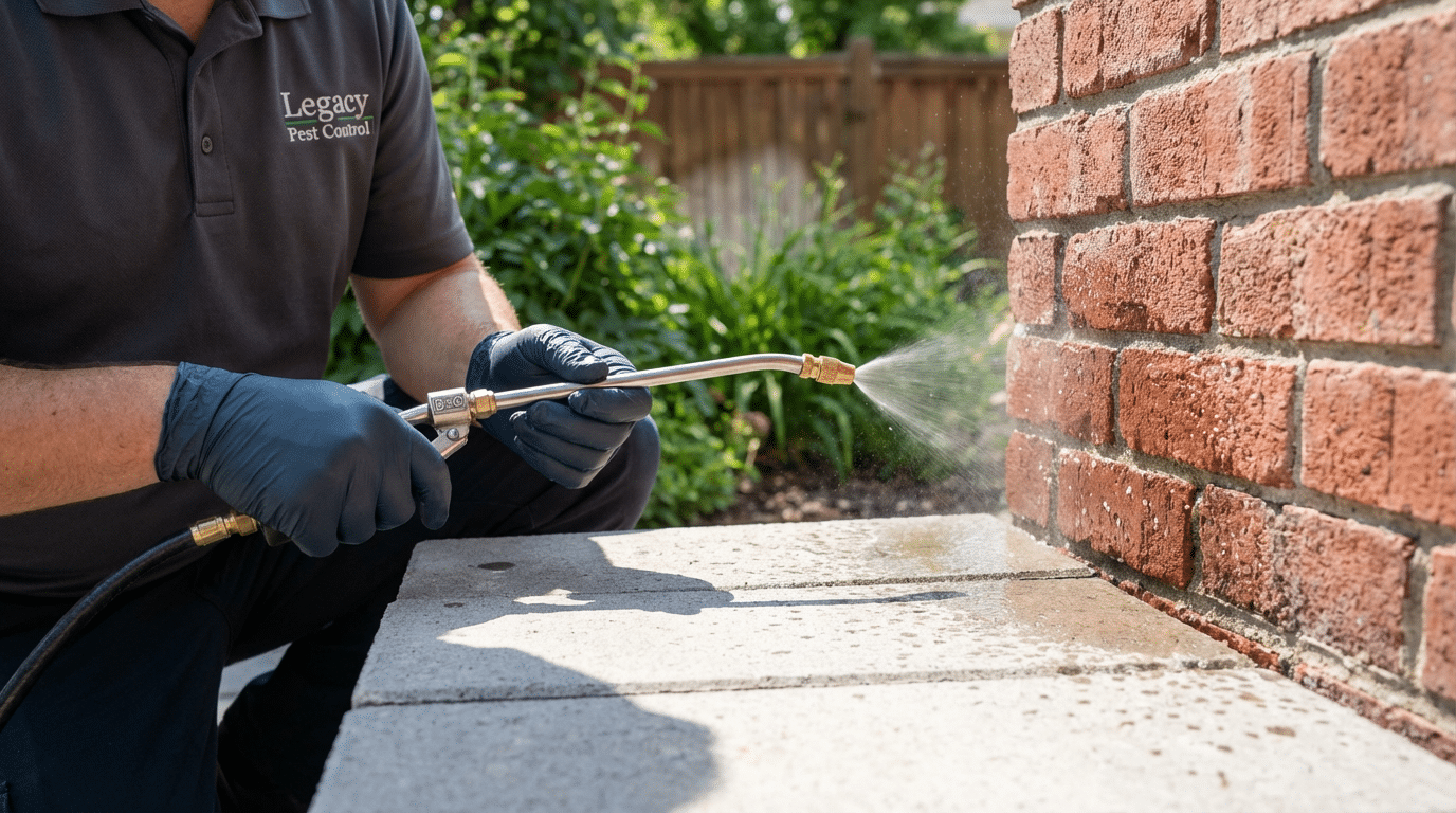 A person wearing gloves sprays pesticide on a brick wall outdoors, with greenery and a wooden fence in the background—professional pest control in North Logan UT at work.