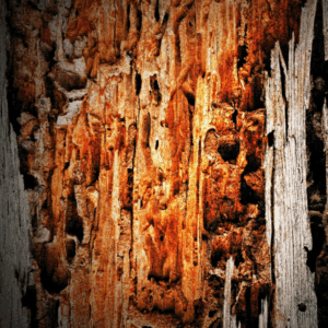 Active termite tunnels inside damaged wooden trim showing the internal feeding pattern.