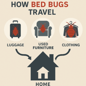 Infographic showing bed bugs traveling to a home via luggage, used furniture, and clothing, each depicted with bed bug icons.
