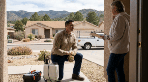 A worker kneels at the door speaking to a woman holding a clipboard; Pest Control tools, a sprayer, and a work van are visible in this suburban Provo Utah neighborhood.