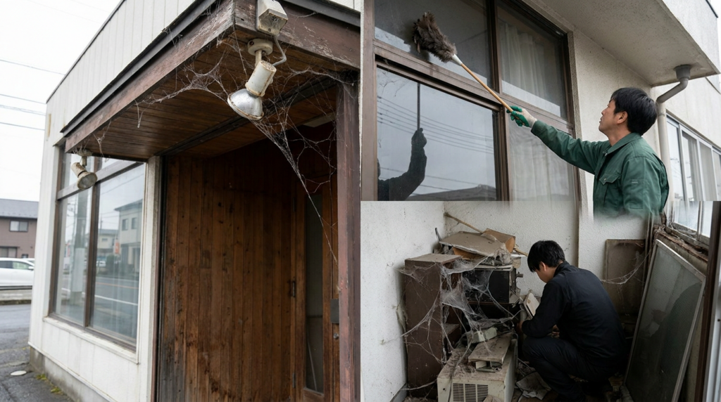 A man cleans cobwebs from a window with a duster and removes debris from inside an old, rundown building with cobwebs on the entrance.