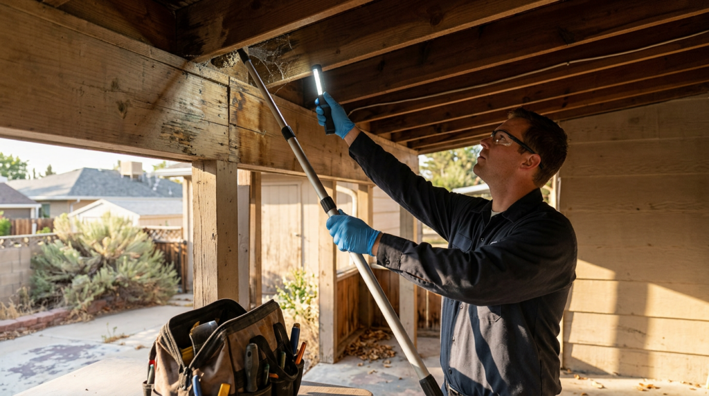 A person from a pest control extermination service, wearing gloves, inspects wooden beams with a flashlight and pole tool under a structure in West Bountiful, next to a tool bag.