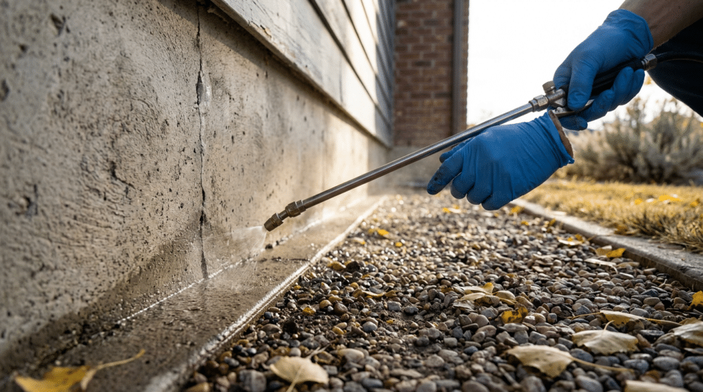 A gloved hand uses a pressurized wand to spray the foundation of a house during pest control services in Providence.
