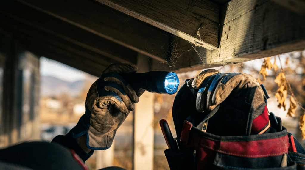 A person wearing work gloves shines a flashlight into the eaves of a building while performing pest control in Lehi.
