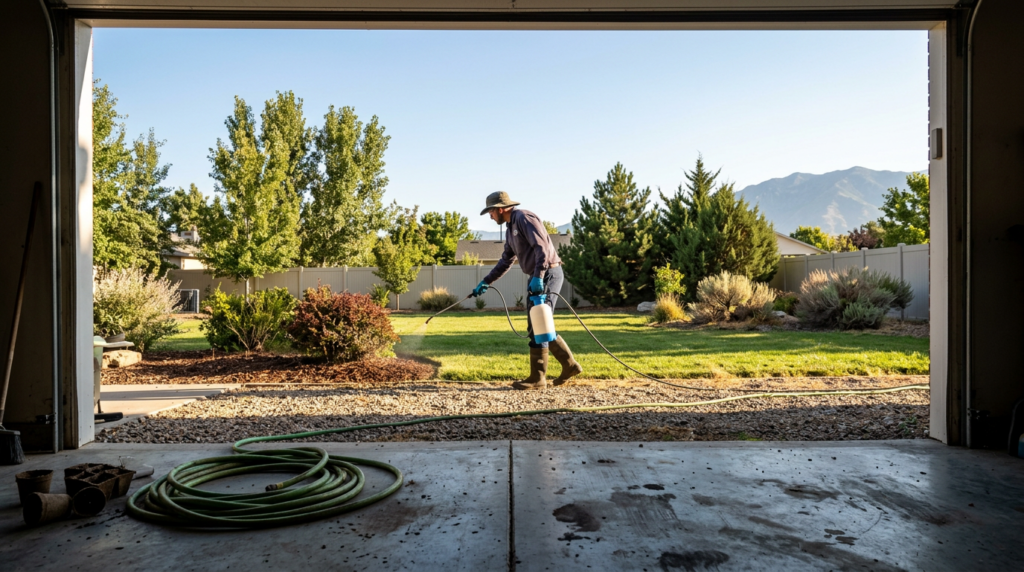 A person wearing a hat and boots sprays landscaping chemicals on a garden area outside, as seen from inside a garage. This pest control routine takes place in West Bountiful, with a green lawn, trees, and mountains visible in the background.