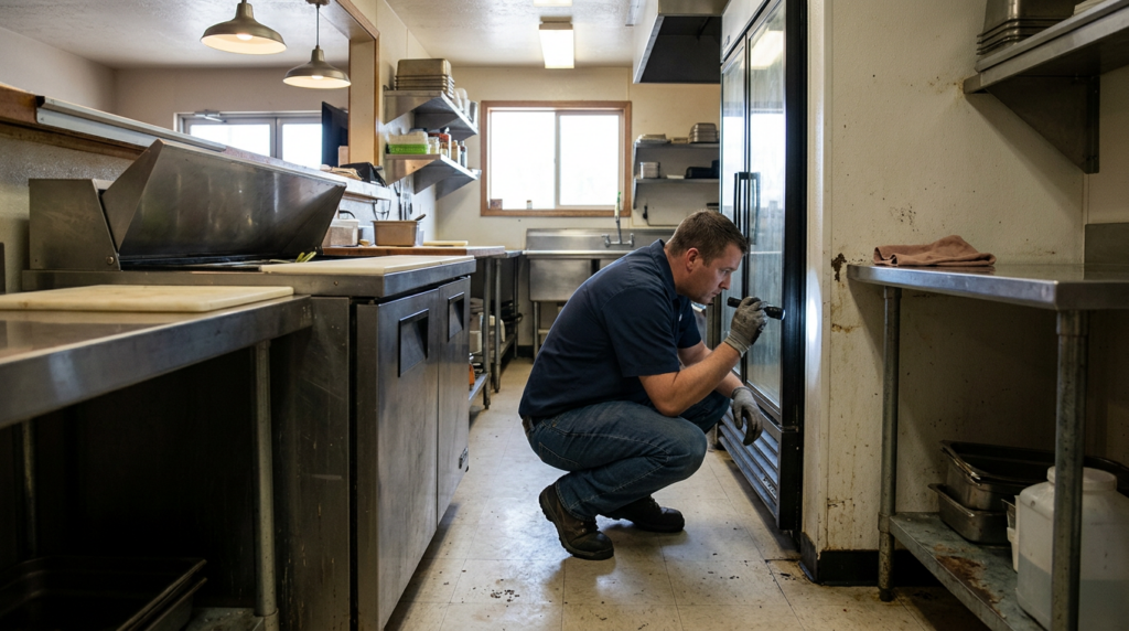 A man in work clothes and gloves kneels on a commercial kitchen floor in Fruit Heights, Utah, inspecting the seal of a refrigerator door with a flashlight—a crucial step in effective pest control and maintaining high standards for any extermination service.