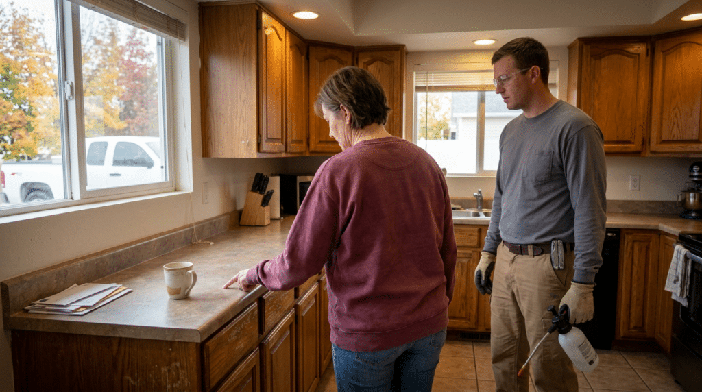 A person points to a spot on the kitchen counter while a contractor providing pest control in Lehi, UT, holds a spray bottle.