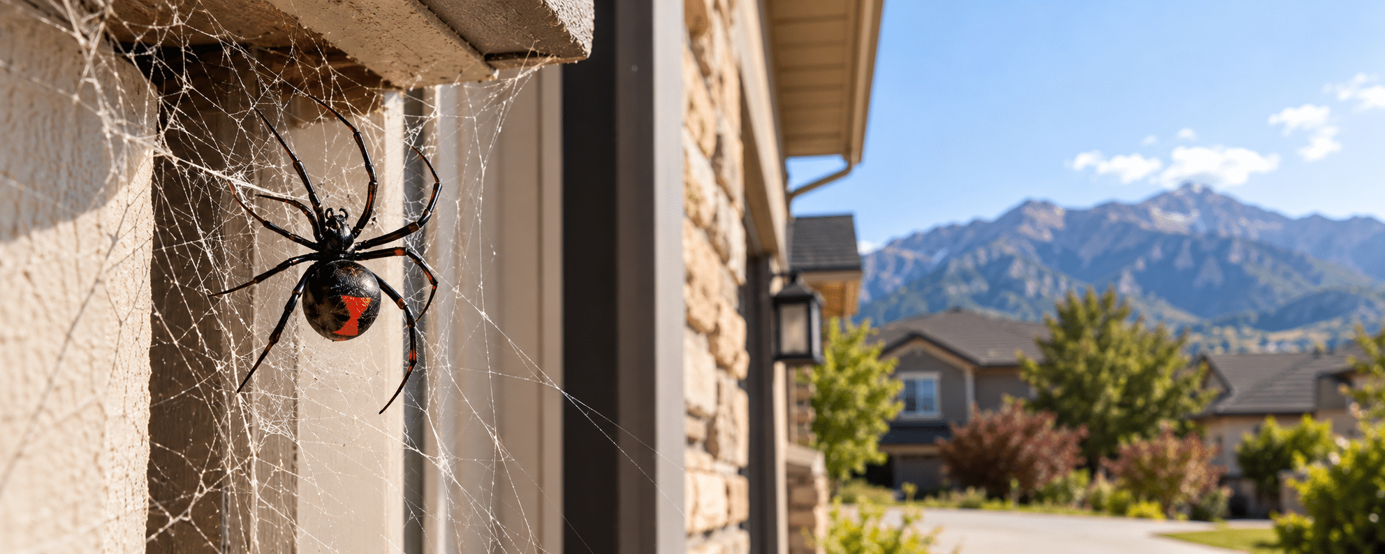 A black widow spider with a red hourglass marking resting on a web attached to a house exterior, often a focus for spider pest control.