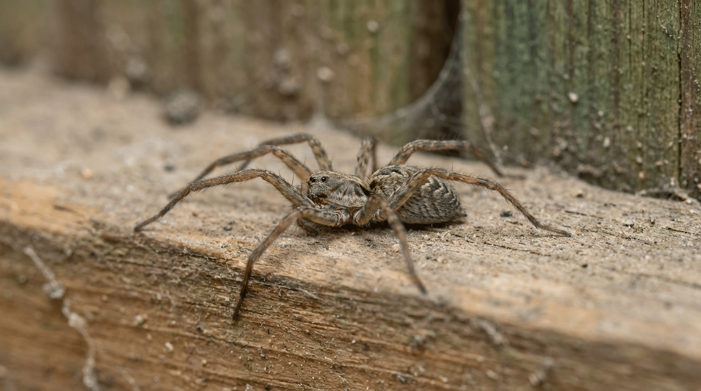 Close-up of a brown spider with long legs on a rough wooden surface in Utah homes, next to a web and a vertical wooden plank in the background.