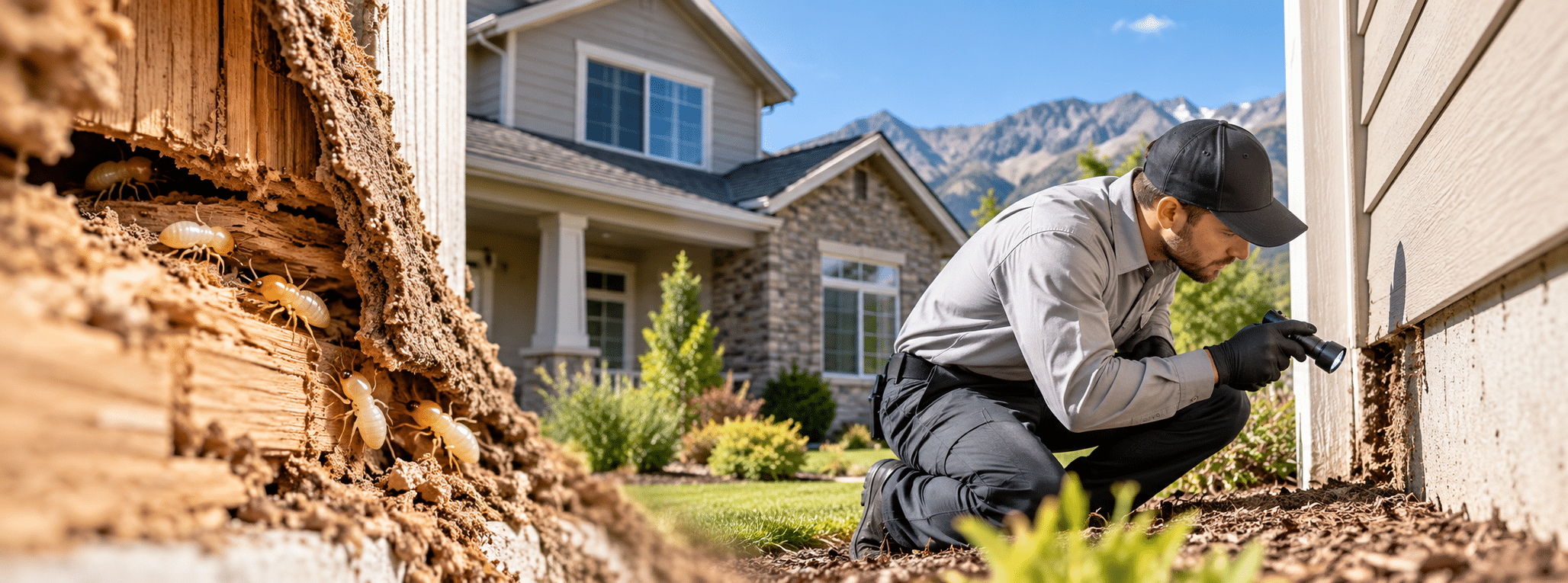 A pest control technician examines a house foundation, with a close-up showing termite damage that necessitates professional termite treatment.