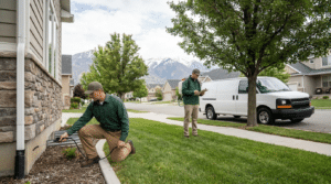 Two pest control workers in green uniforms treat the exterior of a house in Provo Utah; one sprays near the foundation, while the other writes on a clipboard by a white van, showcasing professional extermination services.
