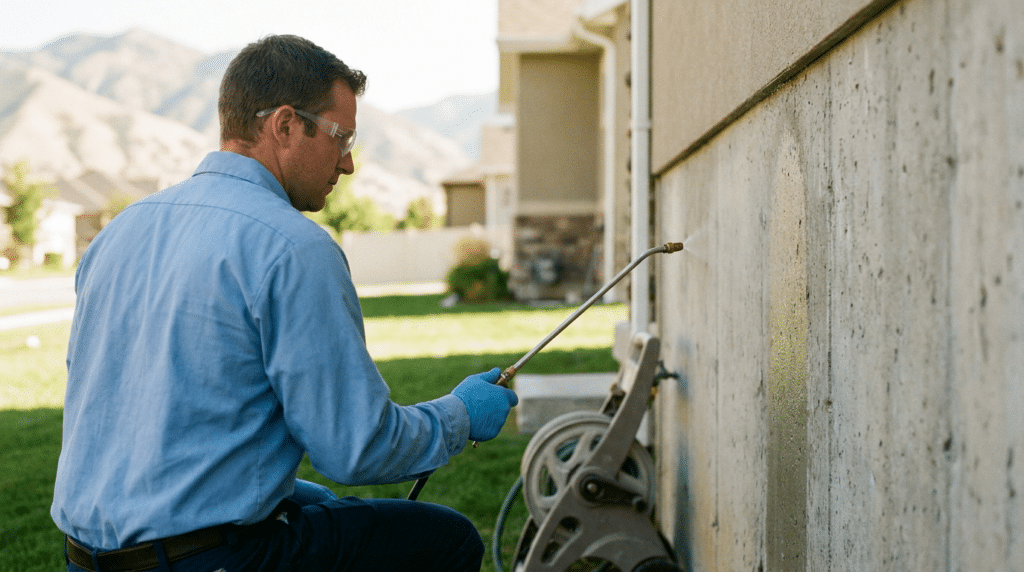 A man wearing gloves and safety glasses sprays a substance onto the exterior foundation wall of a house in Washington Terrace UT for pest control.