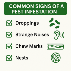 A checklist titled “Common Signs of a Pest Infestation” with icons and text: Droppings, Strange Noises, Chew Marks, and Nests.
