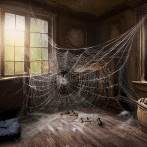 Spider web in a dark garage corner representing black widow spider activity during Utah winter.