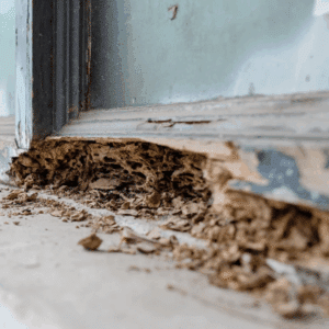 Severe termite structural damage in flooring and baseboards of a residential property.